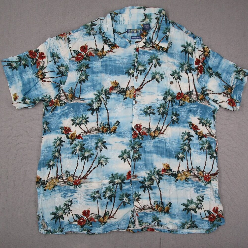 Campia Hawaiian Shirt Mens 2XL Blue Button Up Easy Care Short Sleeve Tiki
